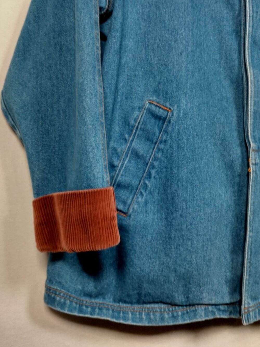 Vintage Denim Jean Jacket Barn Coat Women L XL Brown Corduroy Collar - Picture 13 of 16